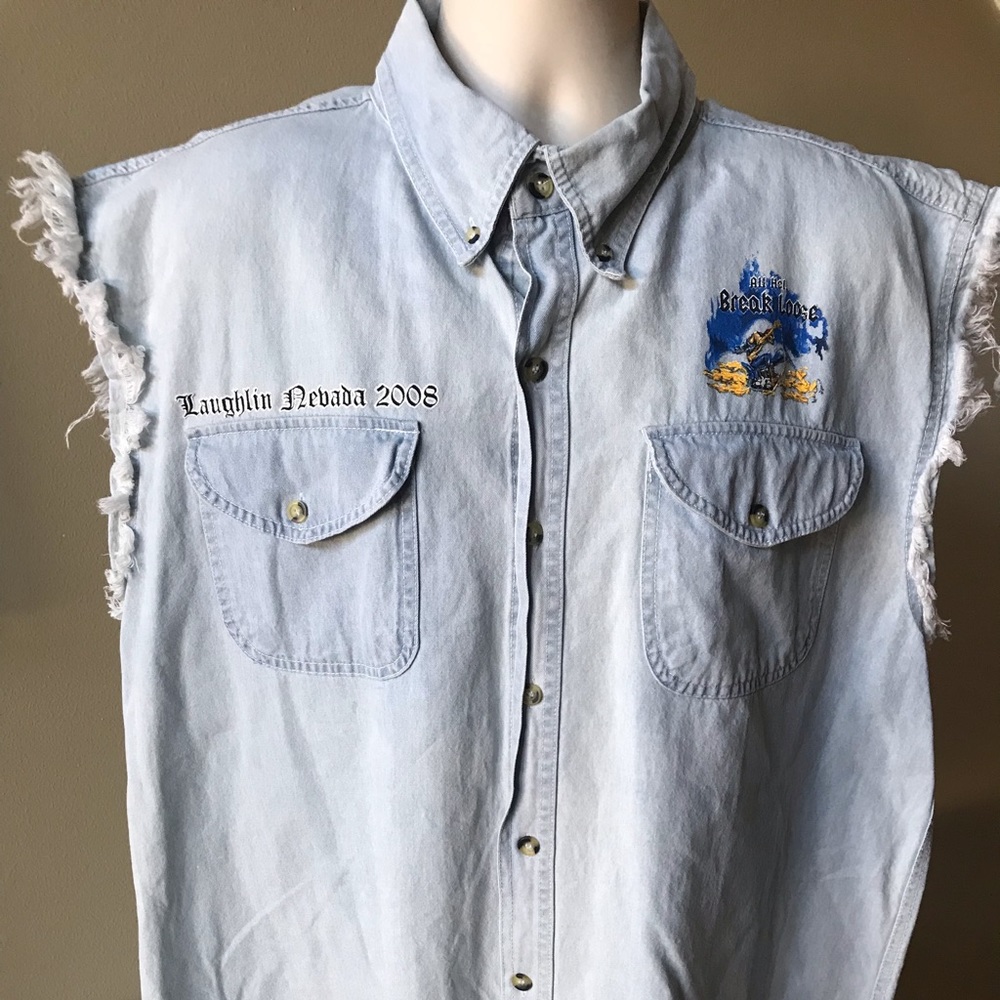BIKER Design Sleeveless Denim Button Front Shirt